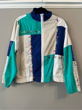 Koret Colorblock Jacket in Teal, Navy & White with Floral Embroidery